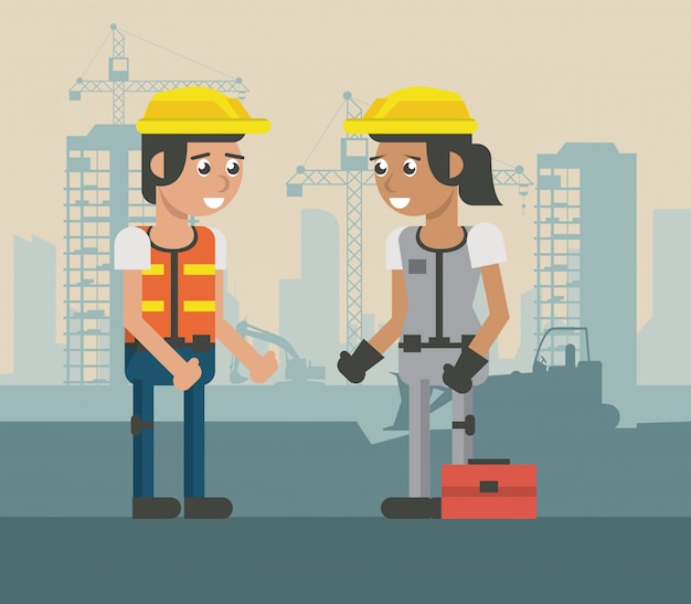 Vector construcion workers geometric cartoons