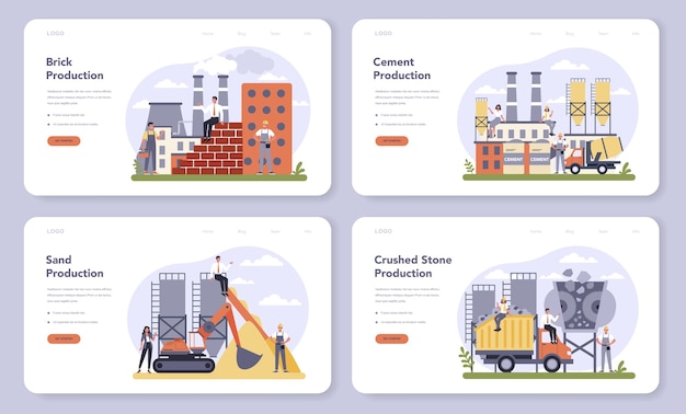 Constructin material production industry web banner or landing page set