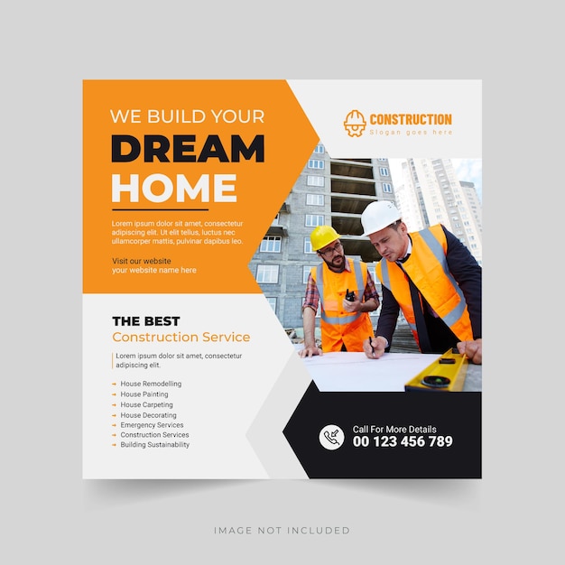 Строительное агентство we build your dream home banner шаблон сообщения в социальных сетях premium векторы