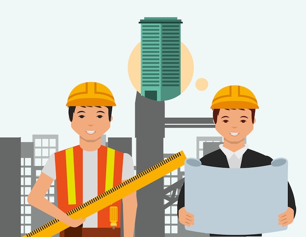 construction architect with blueprint and worker talking vector illustration