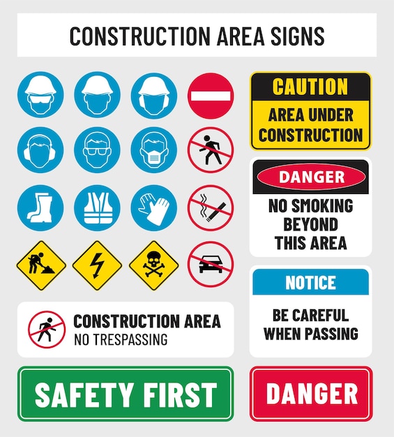 Construction area signs, icons print ready mega set vector