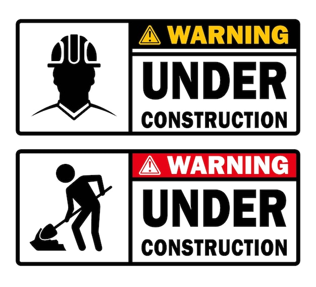 Vettore area in costruzione sotto il segnale di avanzamento dei lavori per l'oggetto etichetta adesiva di avvertenza e attenzione dell'edificio