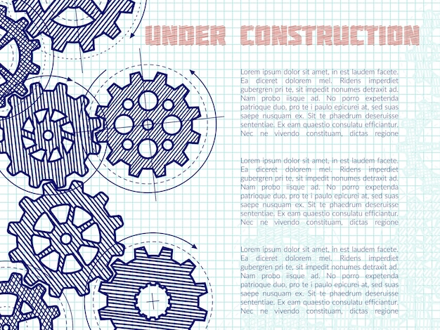 Vector under construction  background with hand drawn gears on notebook page