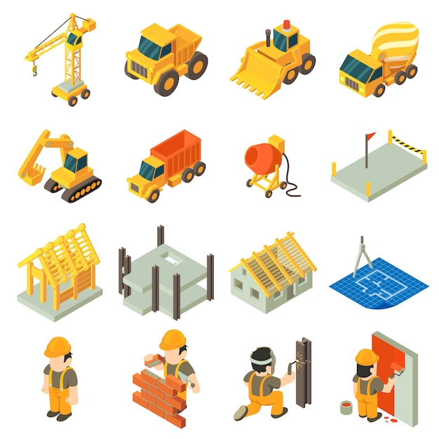 Construction building icons set. Isometric illustration of 16 construction building vector icons for web