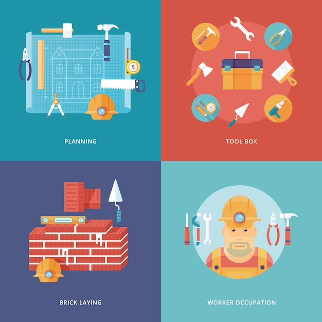 Construction and building icons set for web  and mobile apps. illustration for planning and draft, toolbox equipment, brick laying job, worker occupation.