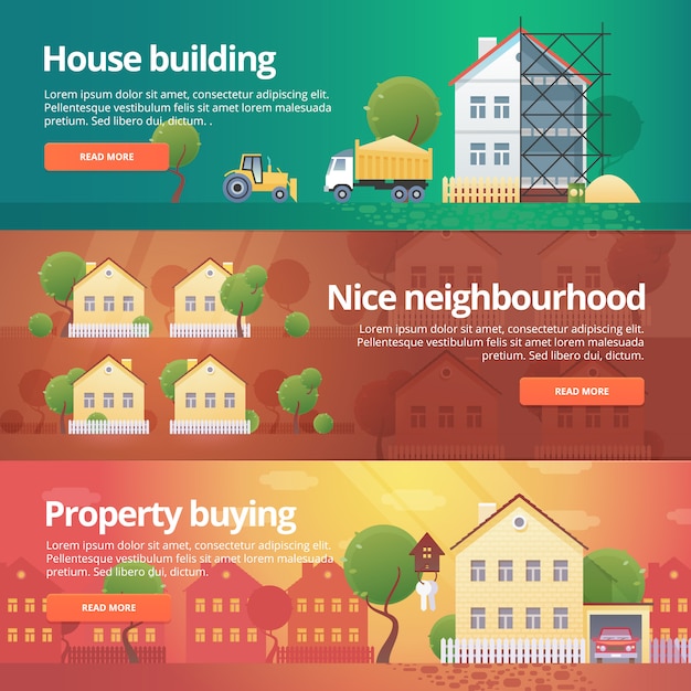 Set di costruzione e costruzione. illustrazioni sul tema dell'acquisto di proprietà, quartiere, costruzione di case, immobili.