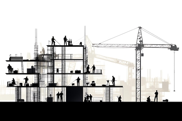 Construction building and workers