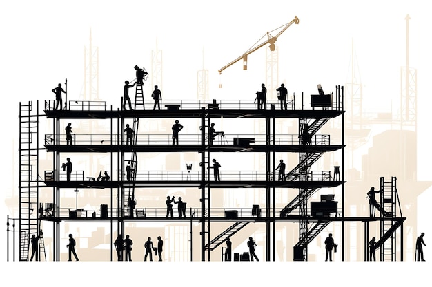 Construction building and workers