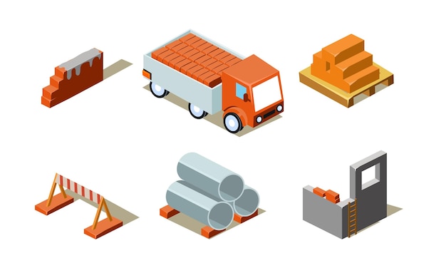 Construction buildings process industrial materials elements for computer game interface vector Illustration isolated on a white background