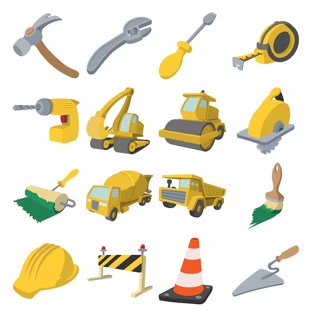 Construction cartoon icons set isolated