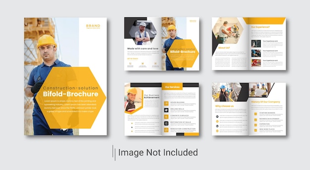 Construction company 8page brochure with geometric yellow and blue color shapes template