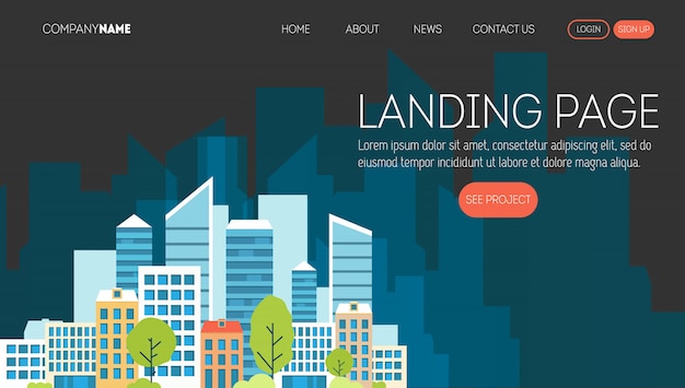 Vector construction company web page template. landing page for a website about real estate business