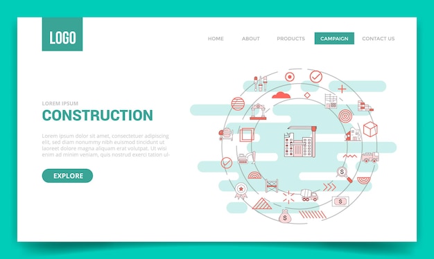 Concetto di costruzione con l'icona del cerchio per il modello di sito web o la home page della pagina di destinazione