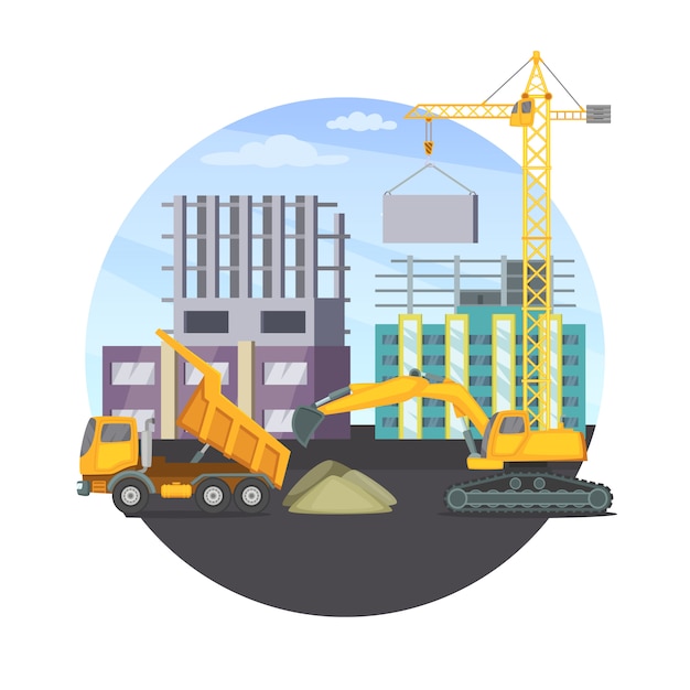 Vector construction concept with unfinished modern building and different heavy machines.