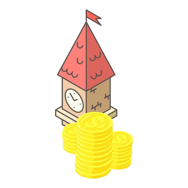 Construction cost icon isometric vector Clock tower and stack of golden coin Money time building