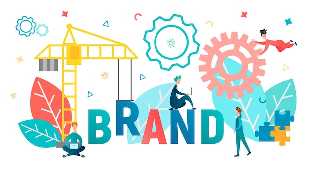 A construction crane constructs from letters the word Brand Vector illustration branding concept