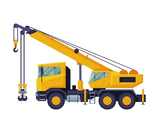 Construction Crane Truck Heavy Cargo Transportation Service Vehicle Flat Vector Illustration
