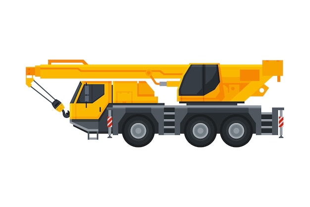 Construction crane yellow truck heavy special transport service vehicle side view flat vector