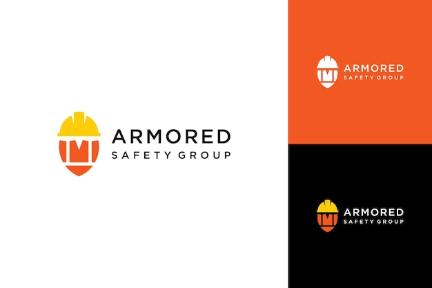 Construction design logo or shield with construction vests and construction helmets