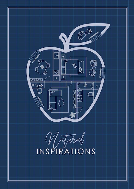 ベクトル リンゴのシルエットの建築図 ⁇ リビングルーム ⁇ バスルーム ⁇ キッチン ⁇ ベッドルーム ⁇ 青