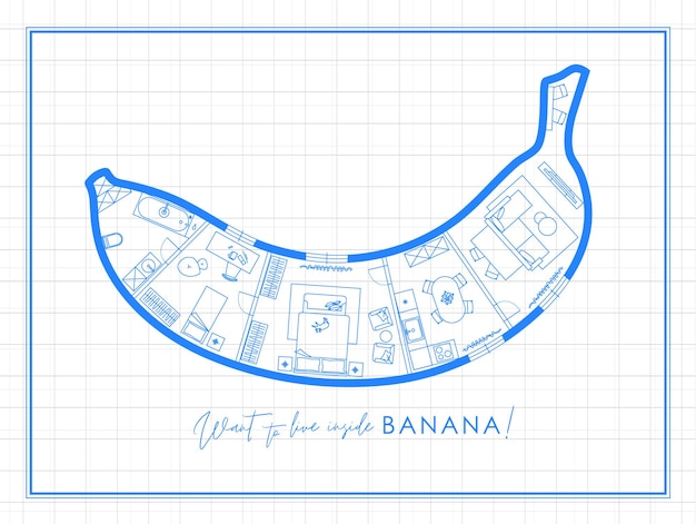 ベクトル バナナのシルエットの建築図 ⁇ リビングルーム ⁇ バスルーム ⁇ キッチン ⁇ ベッドルームのライト