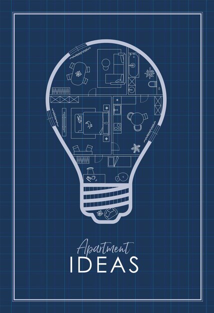 ベクトル 電球のシルエットの建築図書 リビングルーム バスルーム キッチン ベッドルーム 青