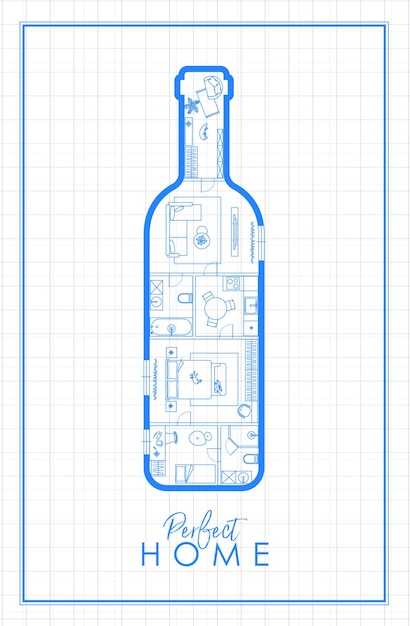 ベクトル ワインボトルのシルエットの建築図 ⁇ リビングルーム ⁇ バスルーム ⁇ キッチン ⁇ ベッドルームのライト