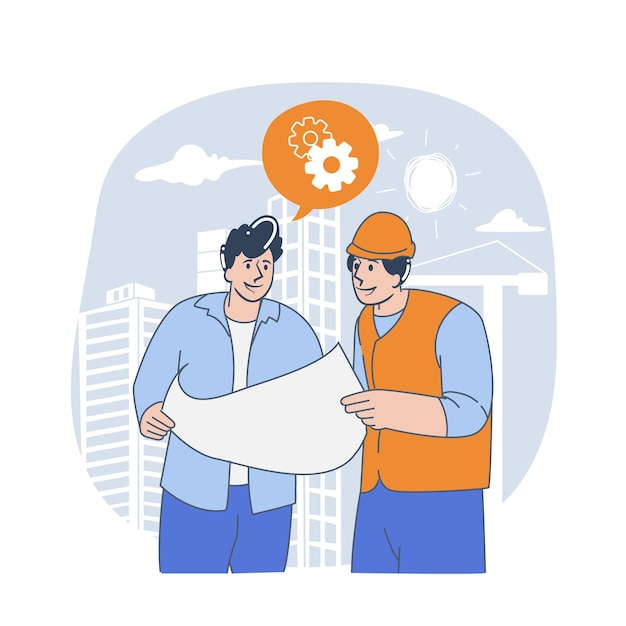 Construction Engineer and Project Manager Discussing Blueprint on Site