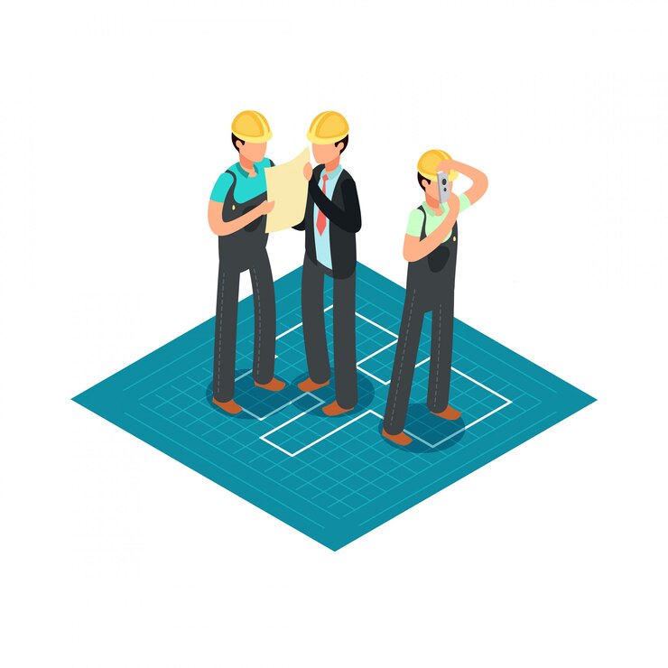 Vector construction engineers and builders in yellow safety helmets. 3d isometric architect  