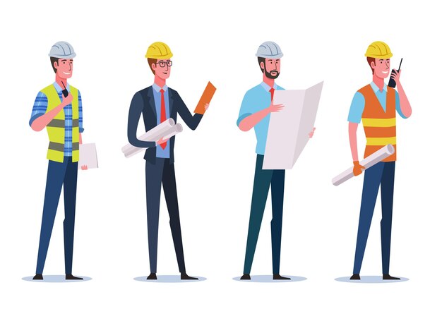 Vector construction engineers wearing safety helmet and holding construction drawing paper