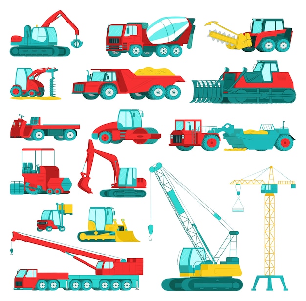 Construction equipment, heavy mining machinery set,  illustration. excavator, tractor, dump truck, bulldozer and loader, vehicles. industry construction machines, transportation.