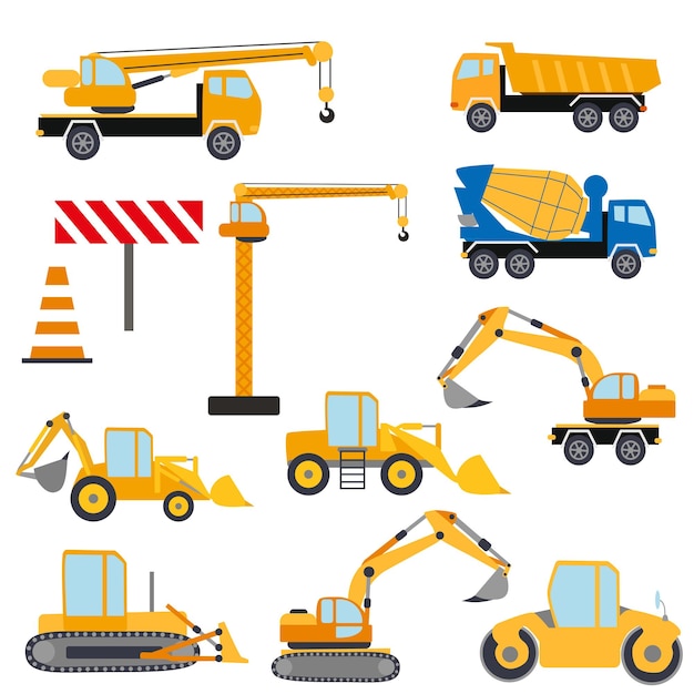 Vector construction equipment set special machines for construction work forklifts concrete mixer cranes excavators tractors bulldozers trucks