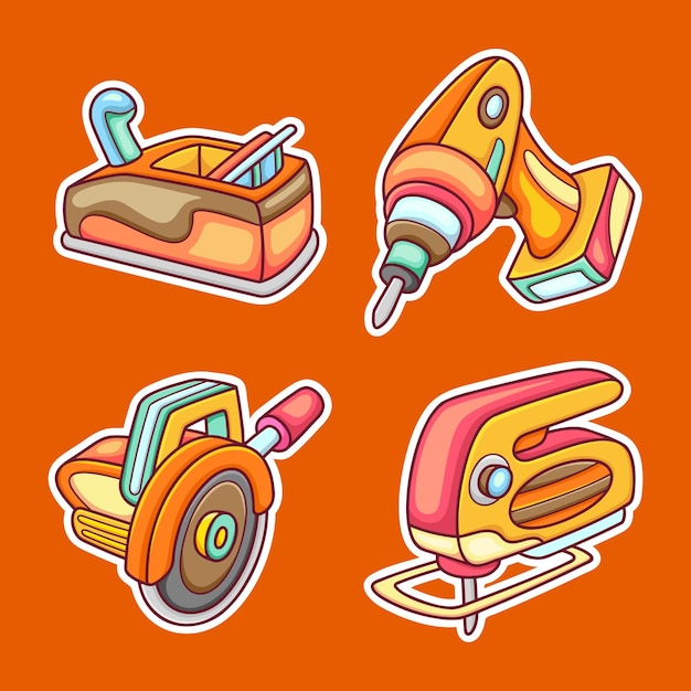 Construction Equipment Sticker Icons Hand Drawn Coloring Vector