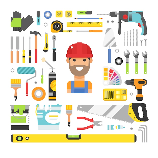 Vector construction equipment tools flat elements set