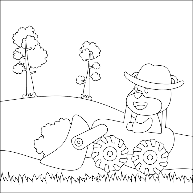 Construction equipments cartoon vector with cute animal on tractor colouring book or page