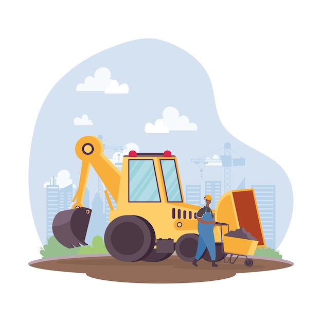 Construction excavator vehicle and afro builder in workplace scene vector illustration design