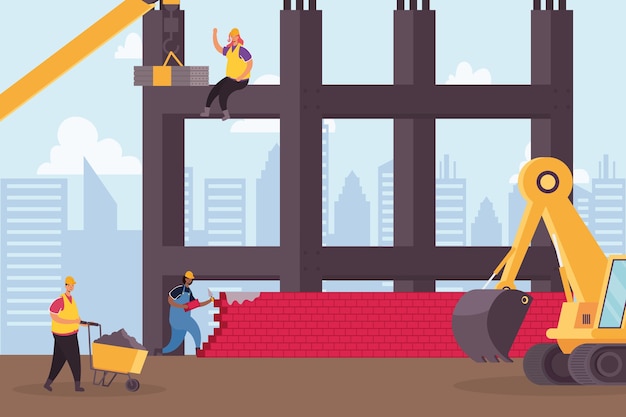 Construction excavator vehicle and workers scene vector illustration design