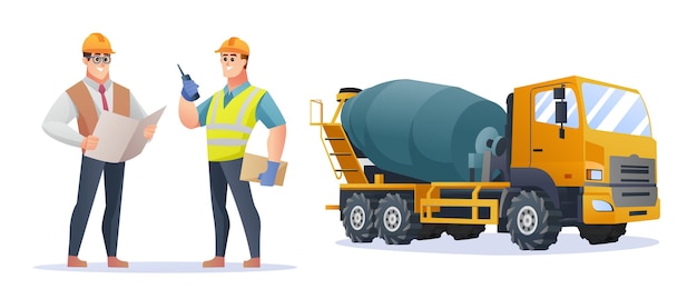 Construction foreman and engineer character with concrete mixer truck illustration
