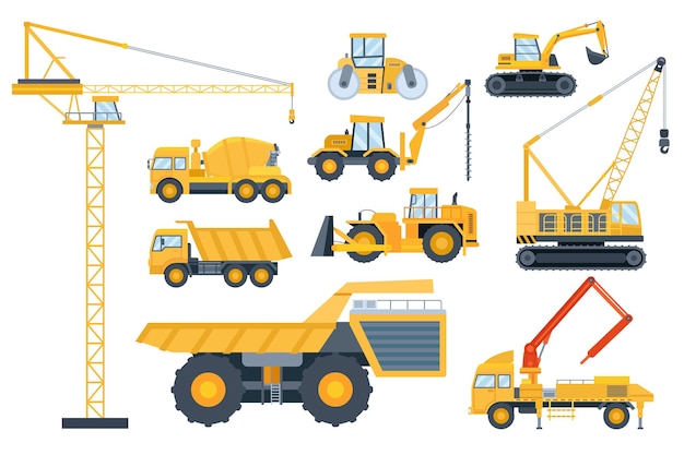 建設重機。クレーンおよび建築機械、ロードローラー、掘削機、トラクター、セメントミキサートラックおよびドリルマシンベクトルセット。イラスト工学と油圧重機