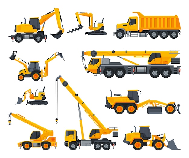 Construction heavy machinery set heavy special transport truck excavator bulldozer crane vector