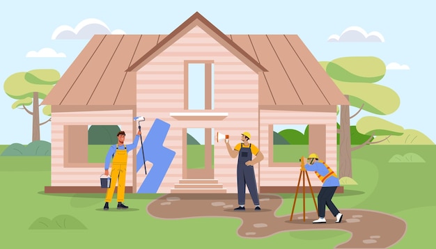 Construction of house process concept builders near wooden building men in uniform with planks