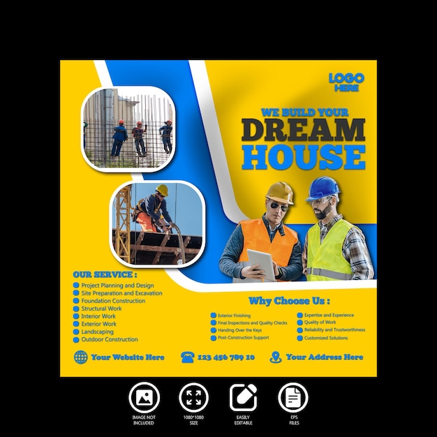 construction and house renovation service social media post and instagram poster design template