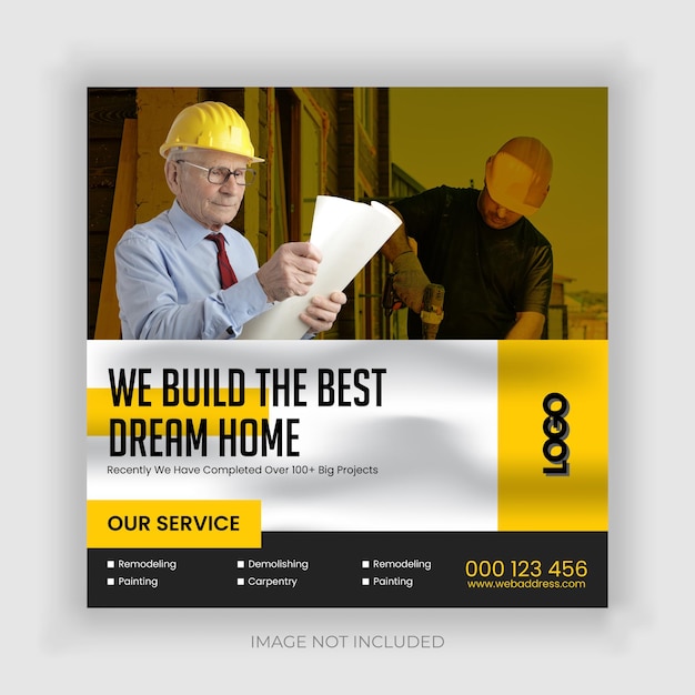 Construction and house renovation services social media post and web banner design template Premium