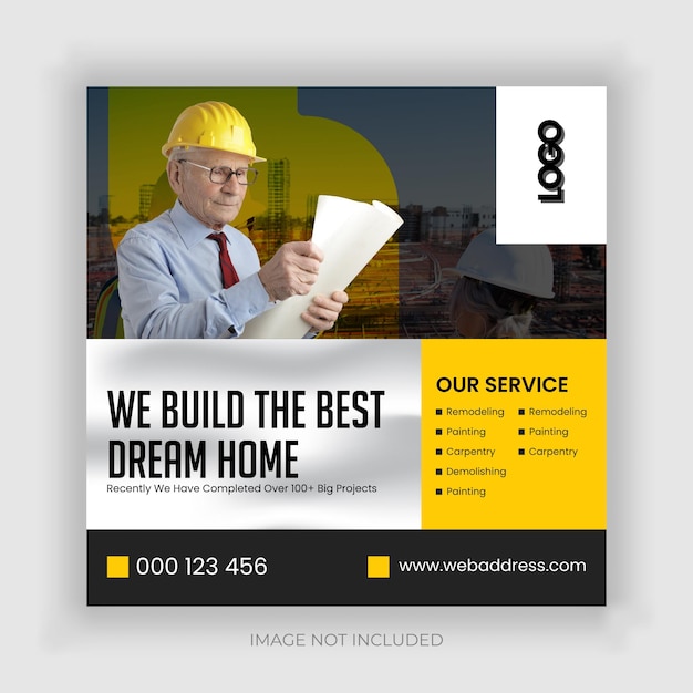 Construction and house renovation services social media post and web banner design template premium