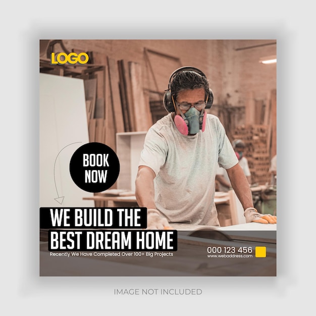 Construction and house renovation services social media post and web banner design template premium