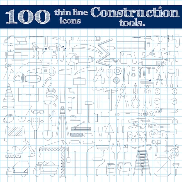 Construction icons drill perforator and other tools thin line set of 100 in blue colors on notebook