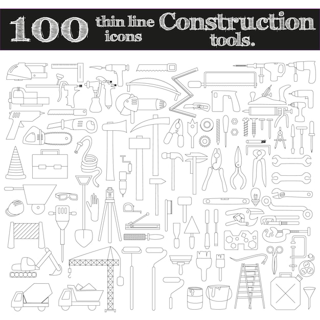 Construction icons drill perforator and other tools Thin line set of 100 in blue colors on notebook