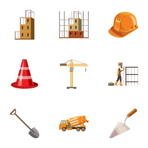 Construction icons set, cartoon style