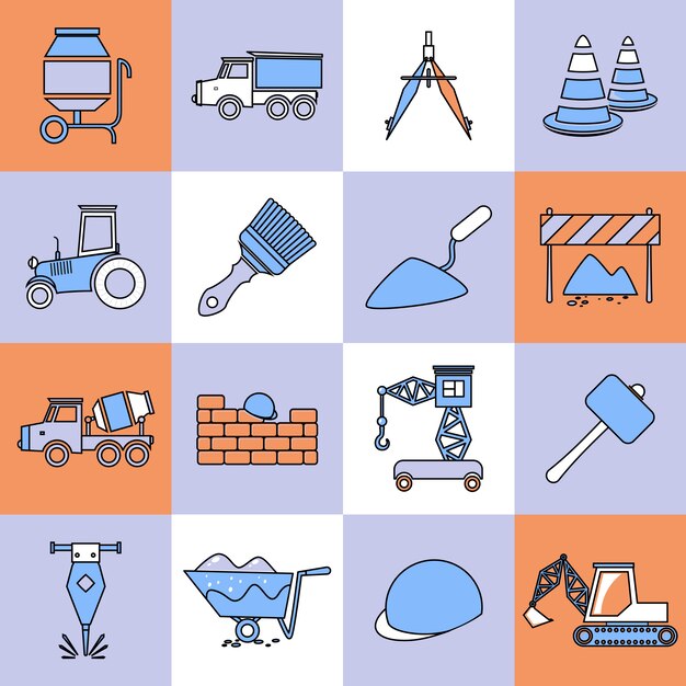 Vector construction icons set flat line