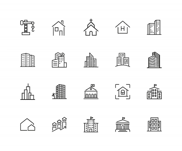 건축 아이콘입니다. 스 물 라인 아이콘의 집합입니다. 교회, 차고, 병원.